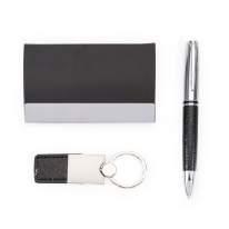 Possui: caneta metal brilhante com detalhe couro sintético preto, clip