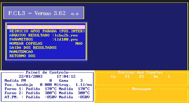 Posicionamentos das copelas; Janelas para mensagens. Figura 3.4; A interface com o usuário deste sistema operacional pode ser observada na Figura 3.
