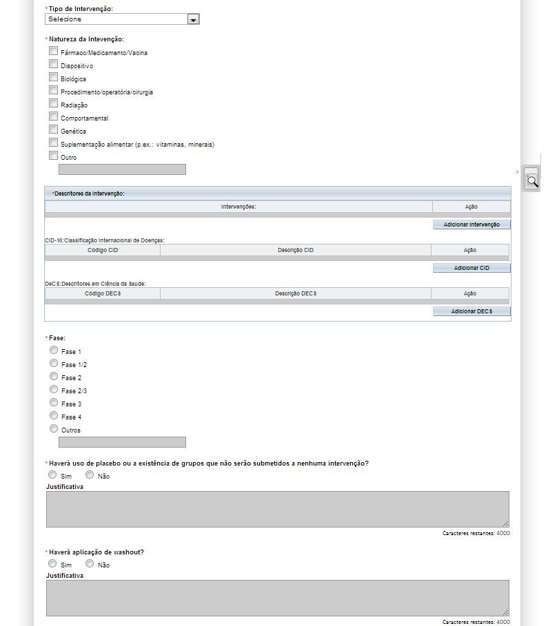 Ao clicar em Adicionar Intervenção, surgirá a tela: