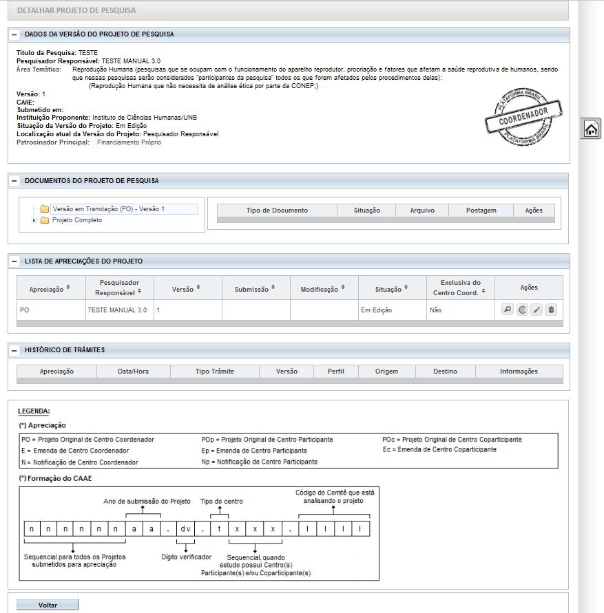 Detalhar Projeto de Pesquisa Carimbo de identificação do projeto (Vide manual Análise e Tramitação de Projetos no CEP para mais detalhes) Arquivos separados por pastas.