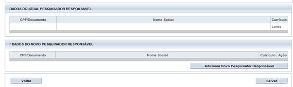 Em seguida, ao clicar em <Adicionar Novo Pesquisador Responsável>, surgirá a tela: Para finalizar, a