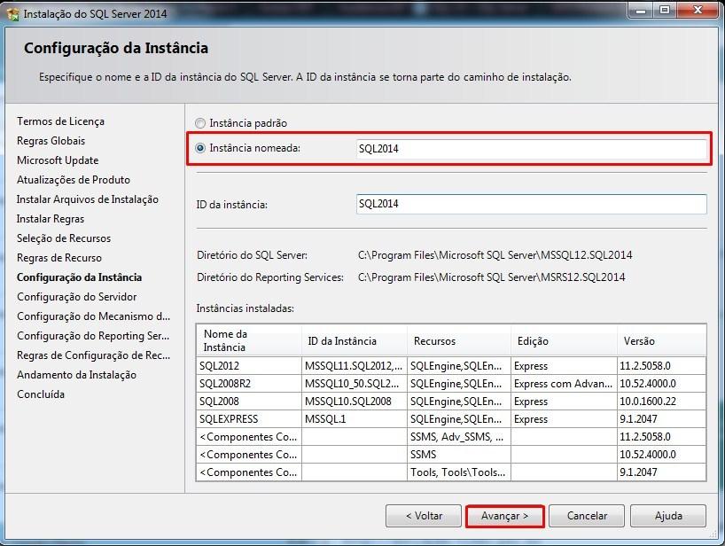 Na tela a seguir teremos a Configuração da Instância, onde nesta tela podemos criar uma Instância padrão (SQLExpress) ou