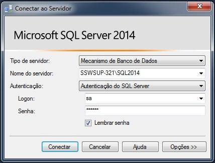 10. Agora com o SQL Server devidamente instalado, para acessar o mesmo, você abrirá o SQL Server Management Studio e configurará o mesmo, abaixo segue especificações de cada item: Tipo de servidor: