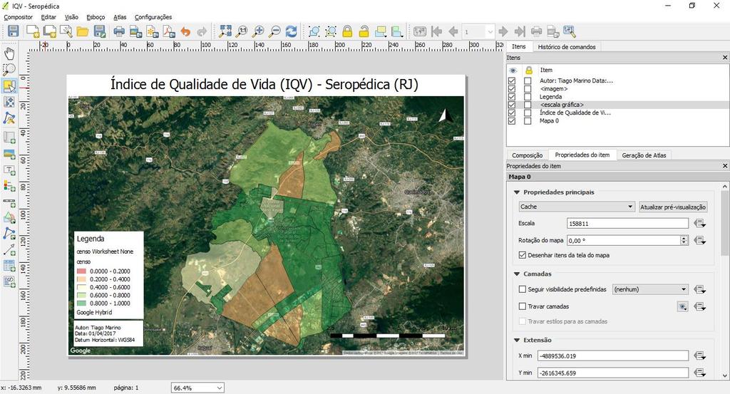 Layout de mapa completo: título, informações de autoria, data, barra de legendas, escala e norte da