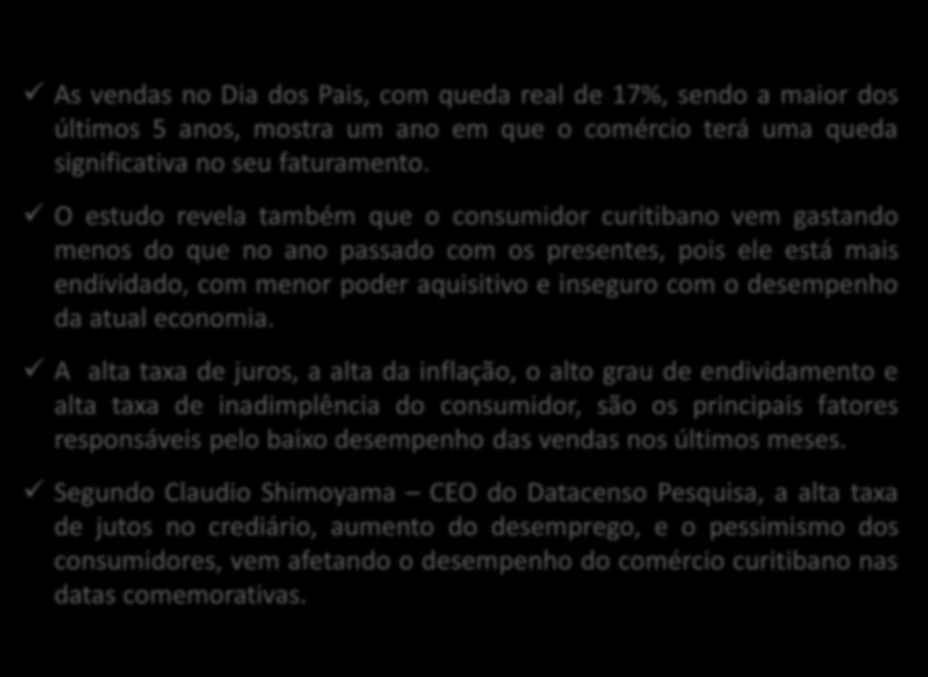 O estudo revela também que o consumidor curitibano vem gastando menos do que no ano passado com os presentes, pois ele está mais endividado, com menor poder aquisitivo e inseguro com o desempenho da