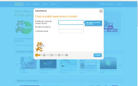 edu/ e, na tela inicial, clique em Aderir ao Scratch.