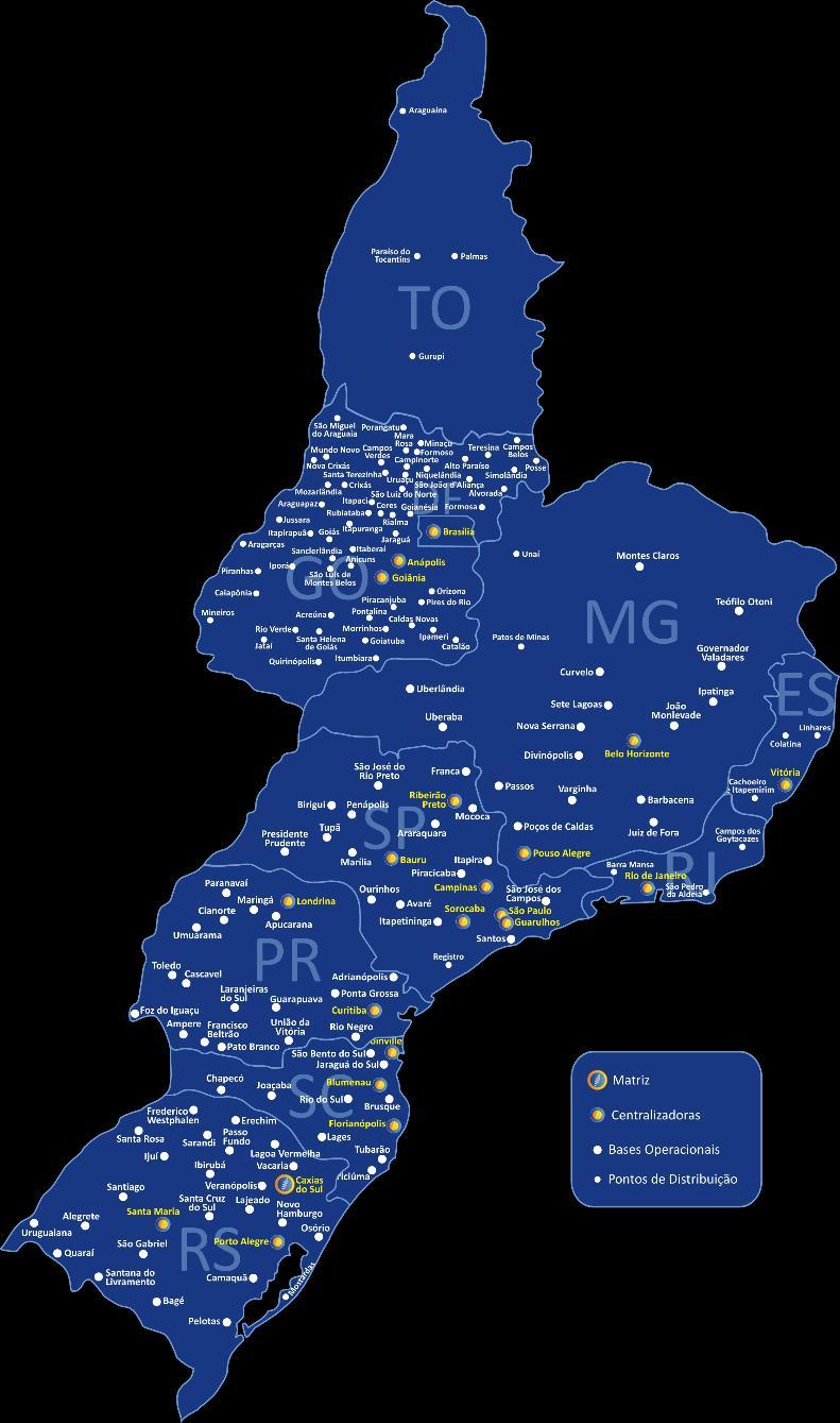 ABRANGÊNCIA A Translovato atende aproximadamente 3200 cidades, nos estados de atuação: Rio Grande do Sul, Santa Catarina, Paraná, São Paulo, Minas Gerais, Rio de Janeiro, Espírito