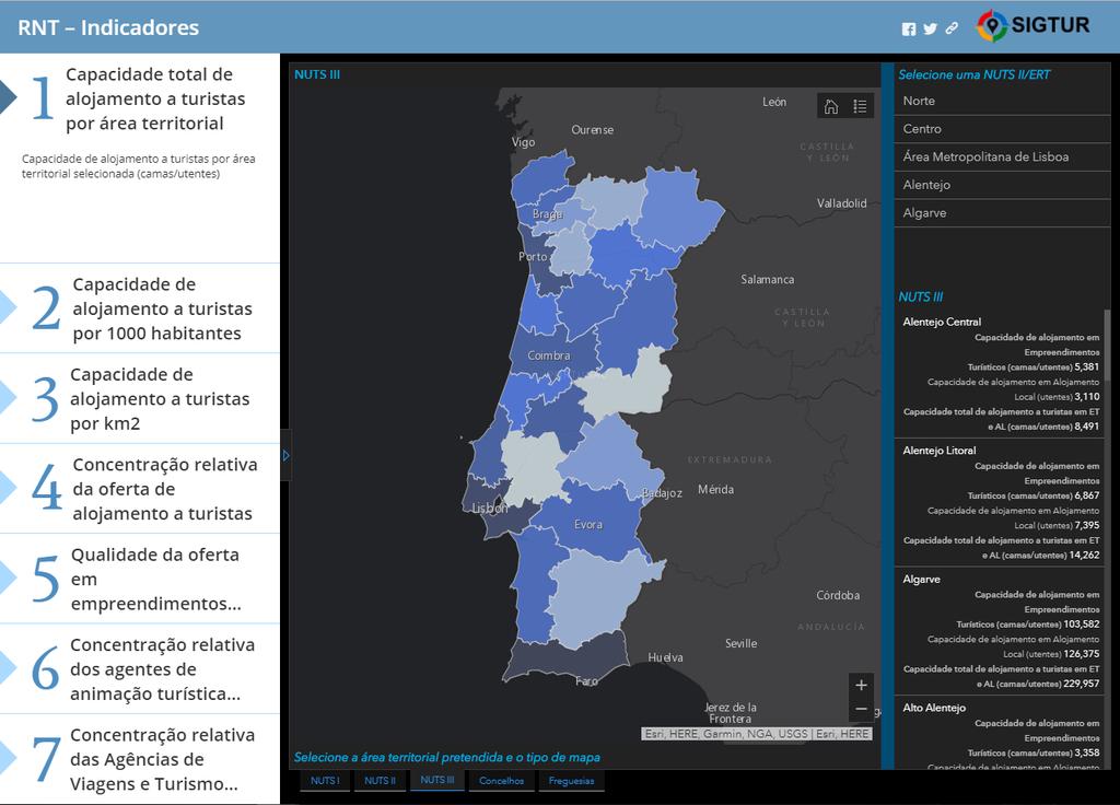 14. Clicando no ícone Ver indicadores no lado direito do friso superior, poderá obter vários indicadores e respetiva representação em cartogramas (do tipo gradiente ou quantidade) por áreas