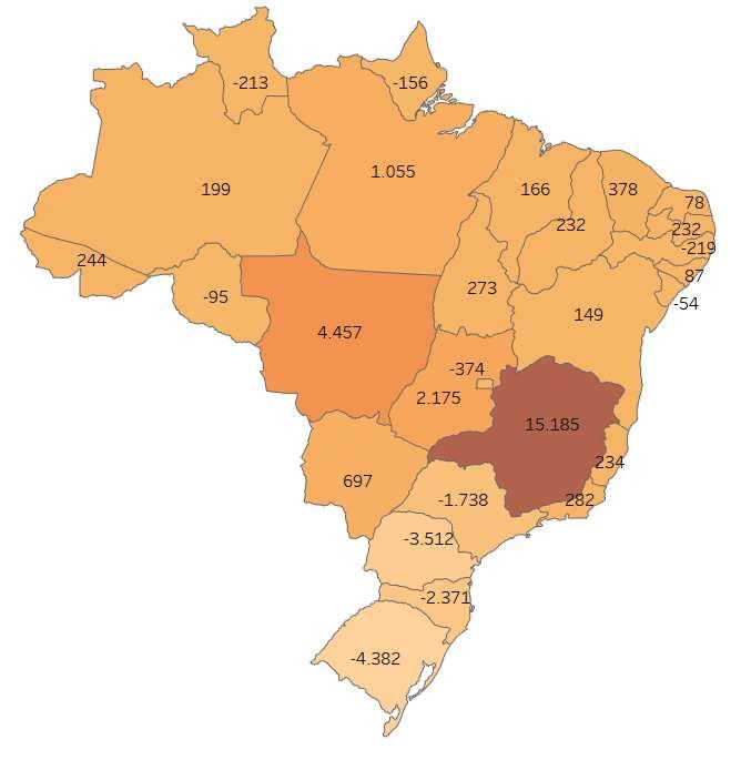 Mapa da distribuição dos saldos de empregos gerados pelos pequenos