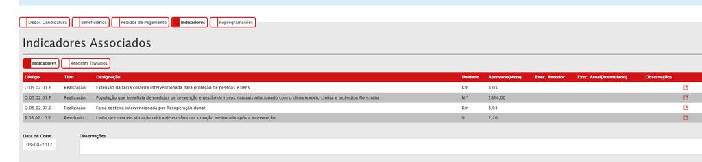 Para proceder ao registo do estado de execução dos indicadores na sequência de solicitação da AG do POSEUR, devem aceder ao separador Indicadores.