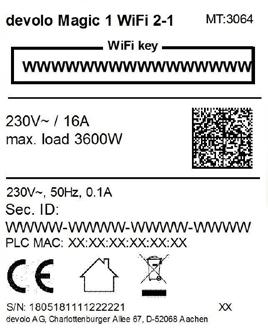 NL Noteer de WiFi-sleutel (WiFi key) op de achterkant van de devolo Magic WiFi-adapter.