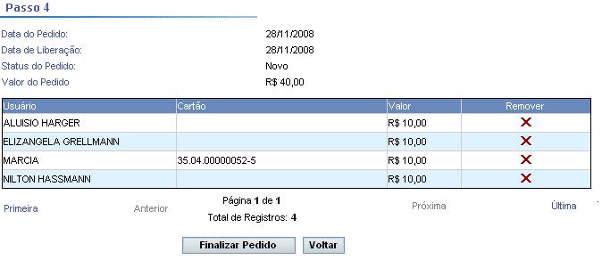 Será exibida a página dos Pedidos realizados detalhadamente; Se desejar remover algum usuário da lista, clique no ícone ; Se estiver tudo OK, clique em Finalizar Pedido ; A mensagem de confirmação