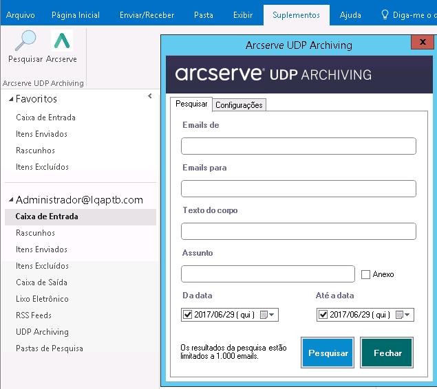 Como adicionar o UDP Archiving como plugin do Outlook A tela contém vários parâmetros para pesquisar emails.