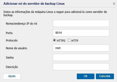 Como proteger o UDP Archiving usando o agente do Linux UDP A caixa de diálogo a seguir aparece quando você adiciona o nó do servidor de backup Linux pela tarefa Backup: Linux com base em agente,