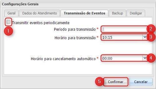 para transmissão: Permite que um período (em minutos) seja configurado para a transmissão de eventos, esta opção é acessível apenas se o passo anterior estiver desmarcado; 3 Horário para transmissão: