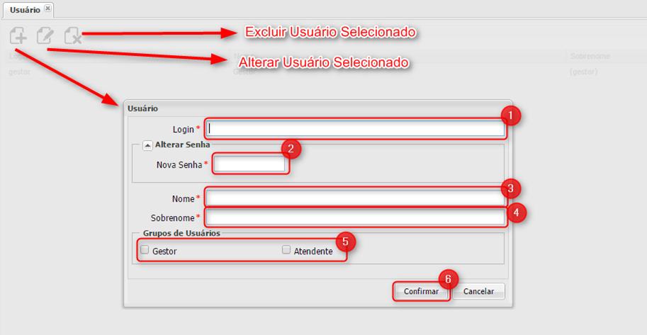 2.2. Configuração de Usuário Pressionando o botão Usuário, do menu, a aba deve apresentar todos os usuários cadastrados. A seguir, tela onde é possível criar, alterar e excluir usuários.