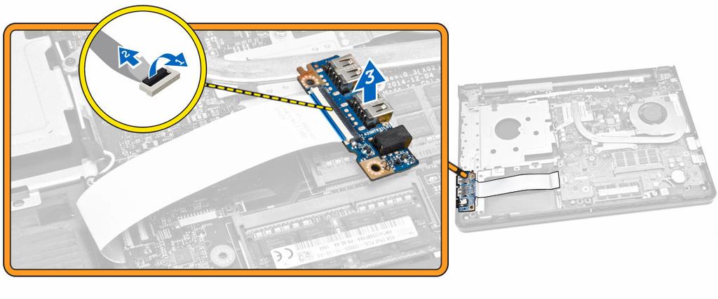 Como instalar a placa de entrada/saída (E/S) 1. Conecte o cabo da placa de E/S à placa de sistema. 2. Instale a placa de E/S no chassi. 3. Instale: a. tampa da base b. teclado c. módulo de memória d.