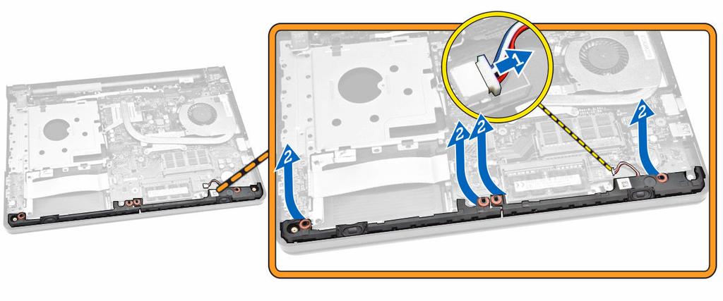 Como remover os alto-falantes 1. Siga os procedimentos descritos em Antes de trabalhar na parte interna do computador. 2. Remova: a.