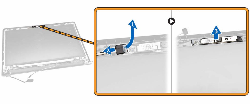 i. conjunto da tela 3. Execute as etapas a seguir, conforme mostradas na ilustração: a. Remova a fita que prende o cabo da câmera [1]. b. Desconecte o cabo da câmera [2]. c. Remova a câmera do conjunto da tela [3].