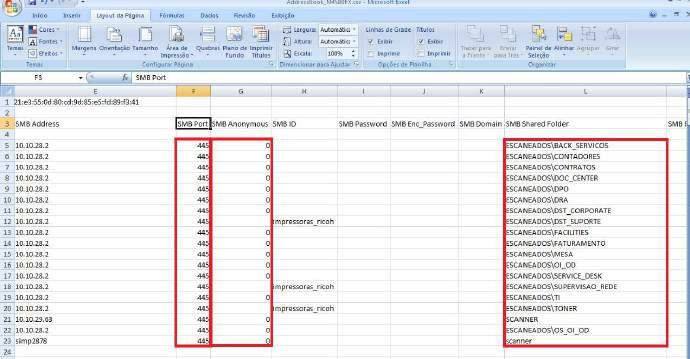Adicione o número da porta SMB (445) na coluna F,