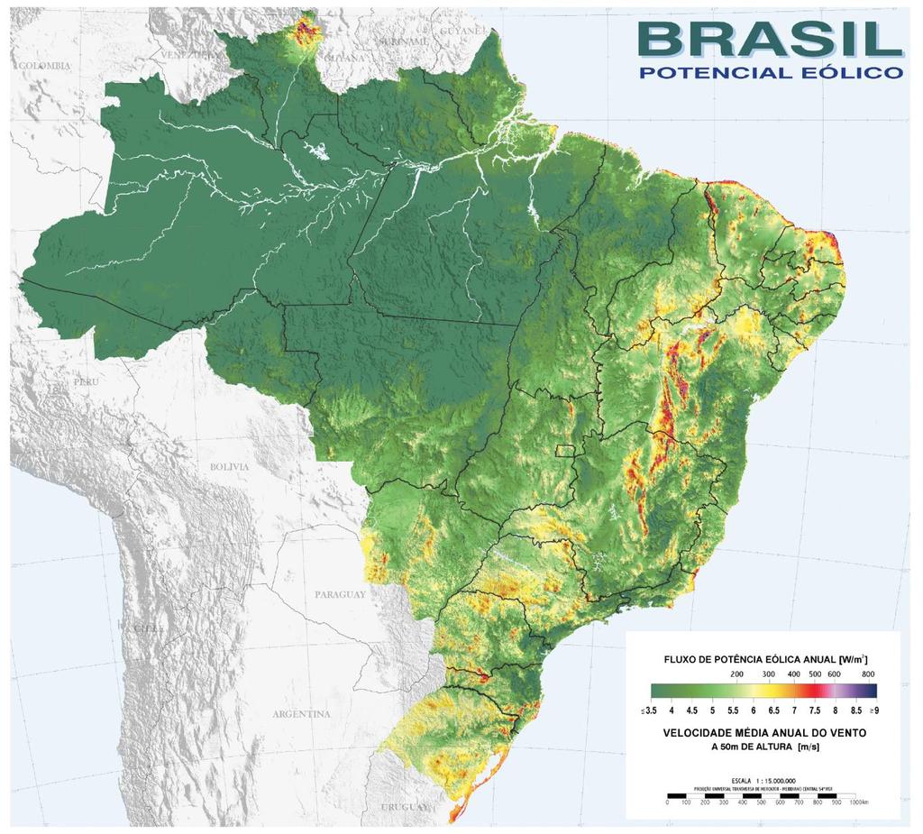 Potencial Eólico Brasileiro Potencial Eólico On-shore: Inicialmente estimado como 143 GW (2001), estudos em desenvolvimento no INCT-Clima apontam que pode chegar a 880