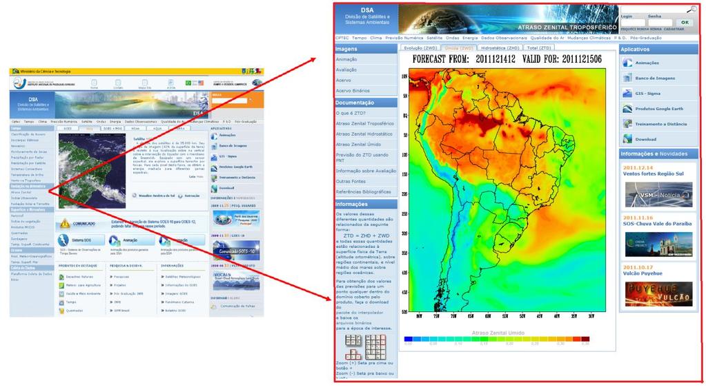 2. MODELAGEM DO ZTD USANDO PNT PARA POSICIONAMENTO 60 Figura 13: Página DSA e o produto do atraso operacional Fonte: CPTEC/ZENITAL, 2011.