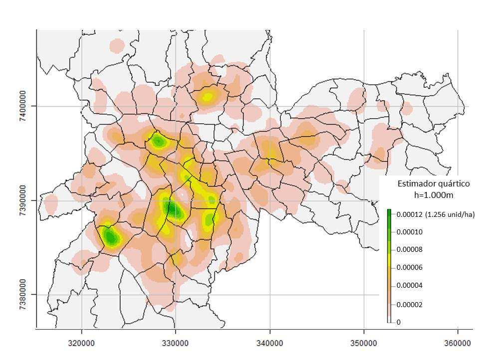 Figura 2.1 Estimador de Kernel (r=5.000m) dos lançamentos residenciais na cidade de São Paulo, entre 1985 e 2013.