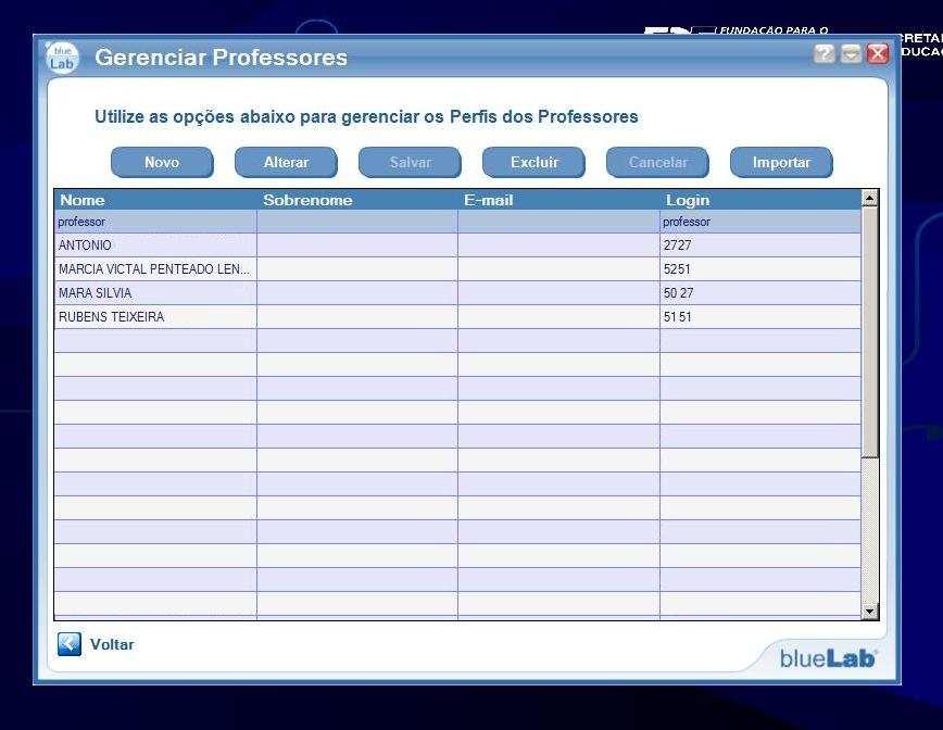 Uma nova janela se abre onde aparecem as opções com o nome dos Professores.