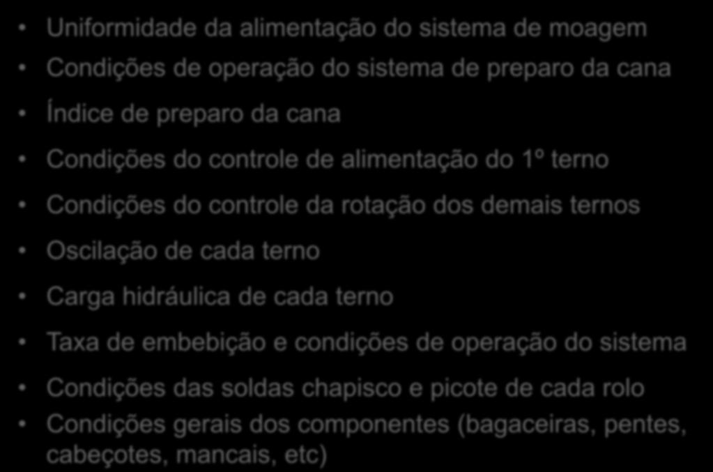 Outros fatores importantes para a extração O que controlar no operação das moendas visando a extração Uniformidade da alimentação do sistema de moagem Condições de operação do sistema de preparo da