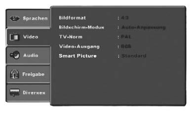 10.3 Configurações de vídeo Neste menu OSD, pode efectuar as configurações para Bildformat, Bildschirm-Modus, TV-Norm, Video-Ausgang e Smart-Picture. 10.