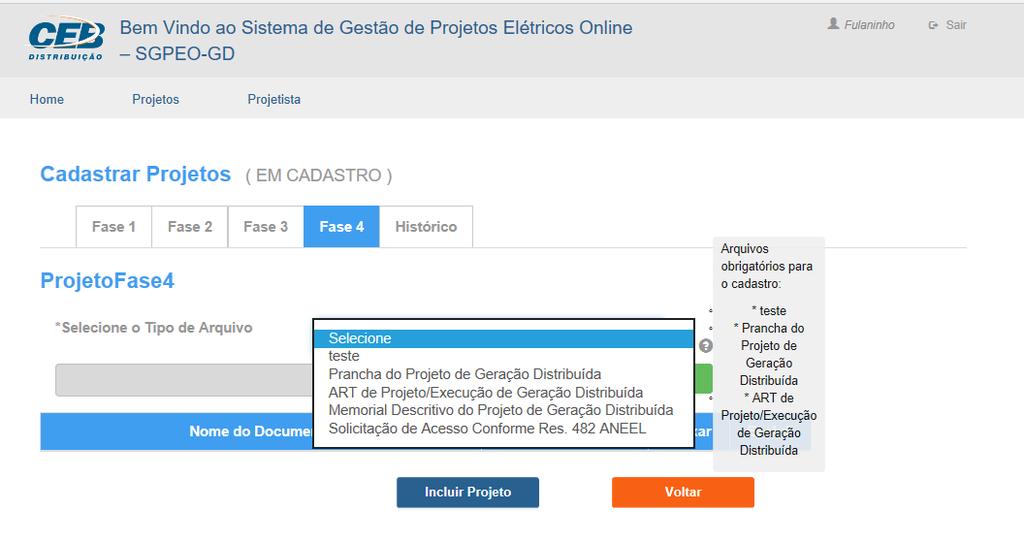 TELA PROJETO INCLUIR FASE 4 - ANEXOS Na fase 4 deve-se inserir as pranchas e documentos solicitados (todos os arquivos em pdf).