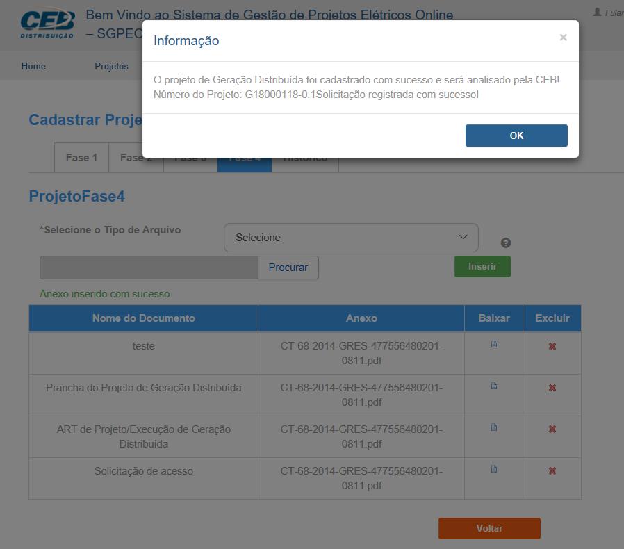 TELA PROJETO INCLUIR FASE 4 INCLUIR Ao clicar em Incluir Projeto o sistema retorna uma mensagem informando o número da CP. Nesse exemplo é G18000118-0.1. O termo 0.1 é a versão do projeto.