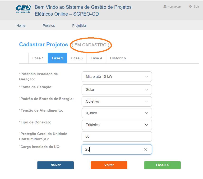 TELA PROJETO INCLUIR FASE 2 MICROGERAÇÃO Na fase 2 é feito o cadastro das informações técnicas relacionadas ao padrão de entrada