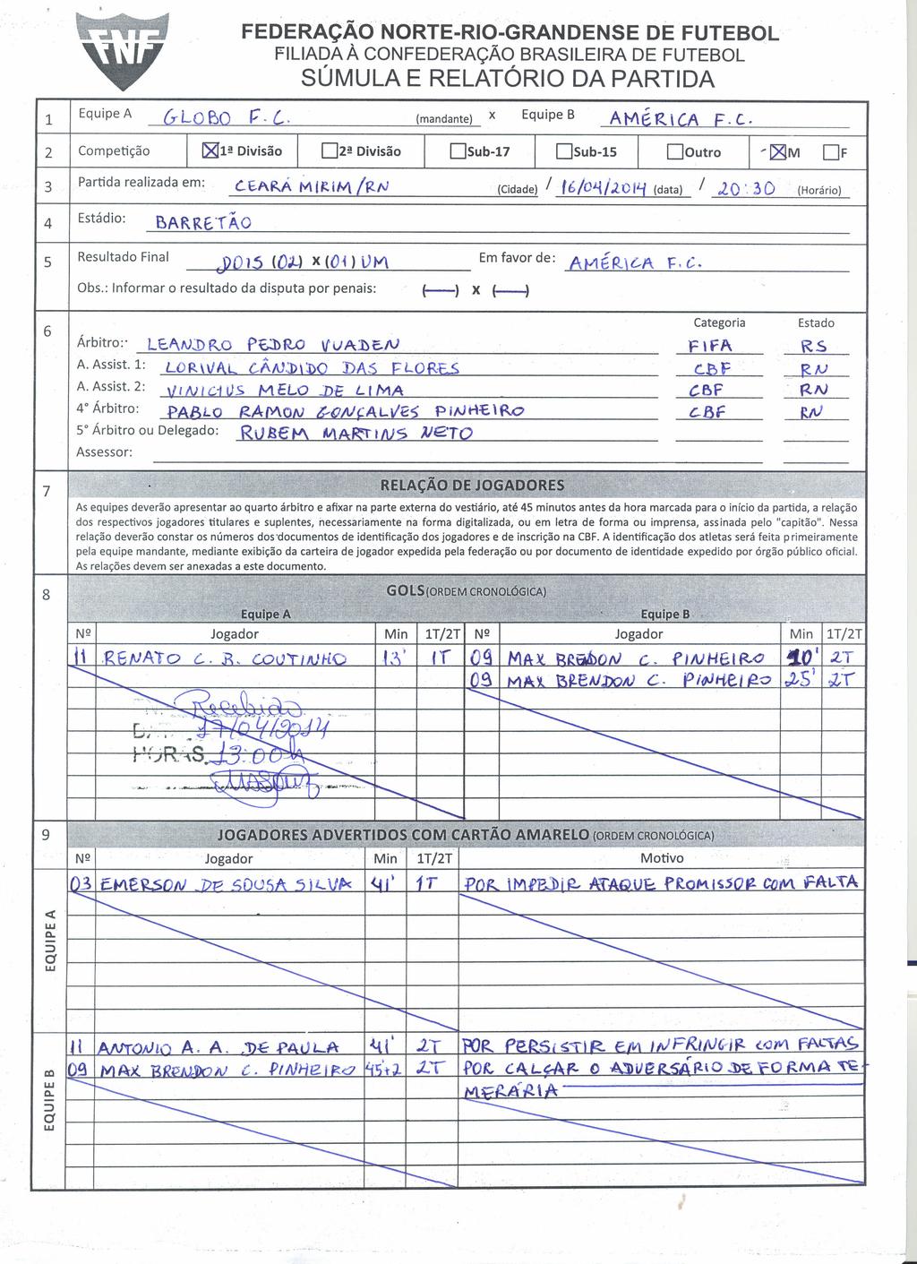 FEDERAÇÃO NORTEROGRANDENSE FLlADAÀ CONFEDERAÇÃO DE FUTEBQL BRASLERA DE FUTEBOL SÚMULA E RELATÓRO DA PARTDA 1 2 Competição 3 Partida realizada em: 4 5 Resultado Final r. C &LOBO ~1!