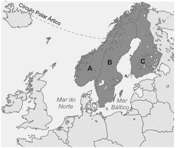 6ª Questão: Observe uma região em destaque na Europa. A região e as letras A, B e C, nessa sequência, estão corretas na letra a) Jutlândia; Dinamarca, Noruega e Suécia.