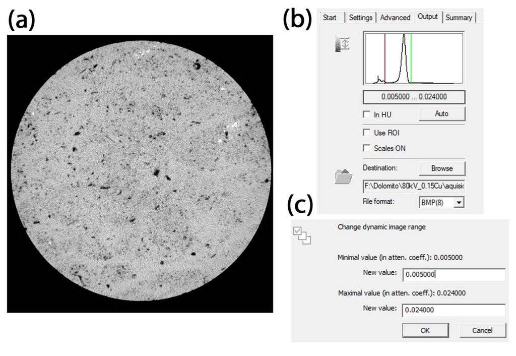 Figura 21: (a) reconstrução de uma fatia tranversal da amostra; (b) histograma para coeficiente de atenuação; (c) valores de coeficiente de atenuação mínimo e máximo. 4.3.