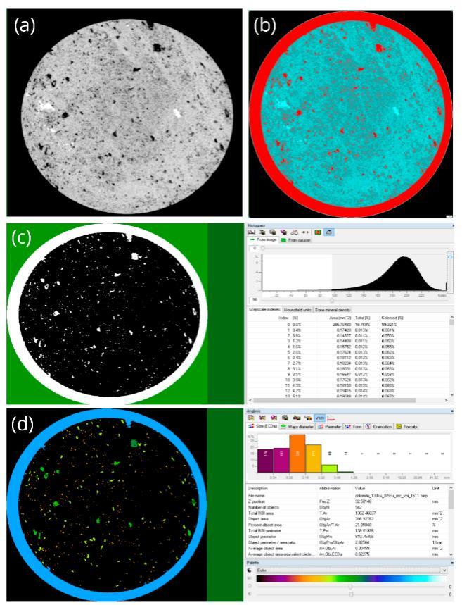 Figura 22: (a) seção transversal; (b) região de interesse (ROI); (c) imagem binarizada e histograma de binarização; (d) quantificação e distribuição por tamanho de poros. 4.