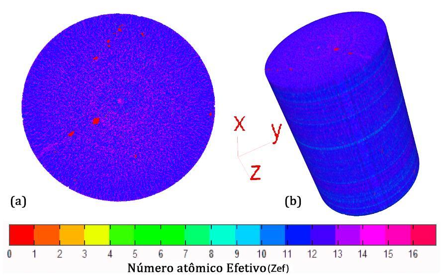 Figura 36: Imagem de densidade (a) 2D; (b) 3D Figura 37: Imagem de número atômico efetivo (a) 2D; (b) 3D É possível verificar que a faixa de cores da densidade estão muito próximos dos dados teóricos