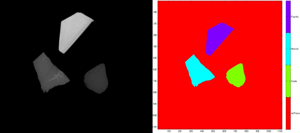 separação feita pelo código identificando, corretamente, os diferentes minerais através de diferentes colorações definidas em escala.