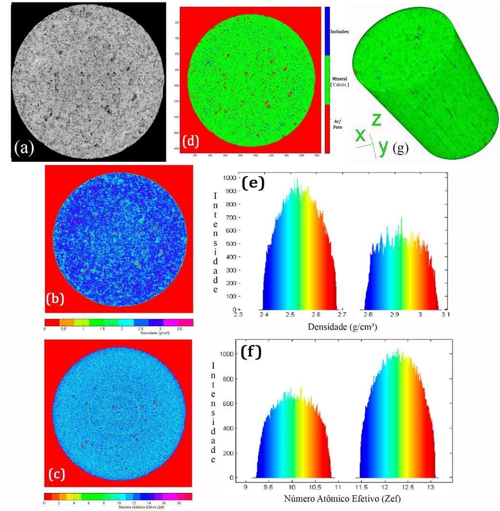 Figura 40: (a) seção transversal; imagens em (b) densidade, (c) número atômico e (d)