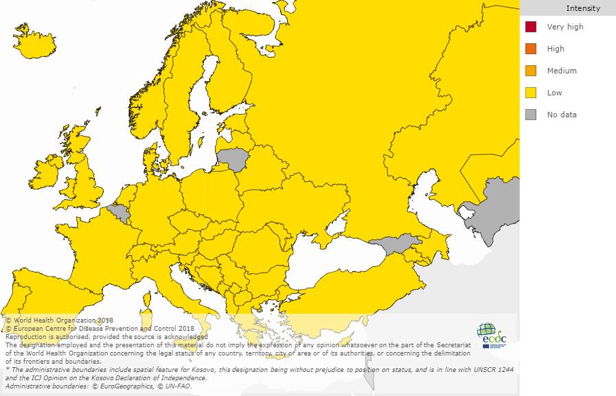 Instituto Nacional de Saúde Doutor Ricardo Jorge, I.P. Situação internacional: Europa Figura 15 Intensidade da atividade gripal na Europa, semana 47/218.