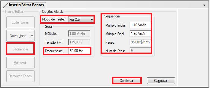 Figura 29 Foi inserida outra sequência mantendo a tensão constante em 150 volts fase-fase e múltiplos de