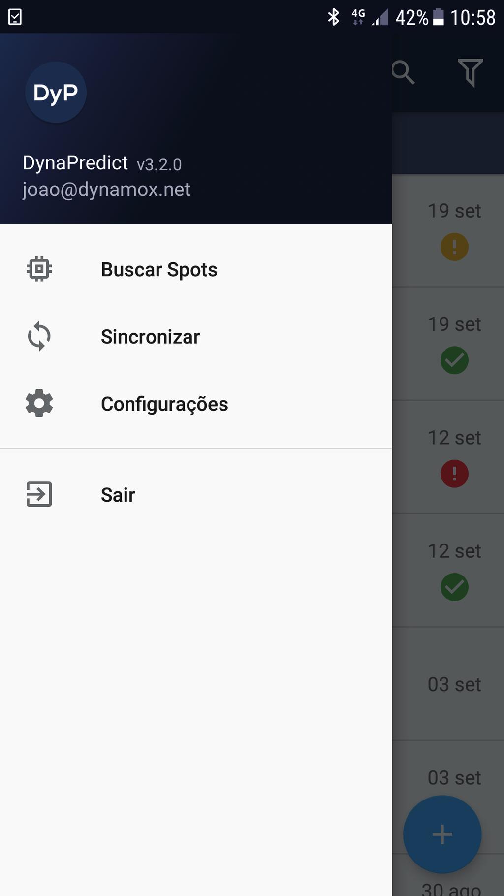 5.2 Início Na tela principal, há dois elementos de navegação: Menu e Lista de Máquinas. Ambos são descritos detalhadamente a seguir. 5.2.1 Menu O menu lateral exibe as seguintes opções: Buscar Spots, Sincronizar, Conﬁgurações e Sair.