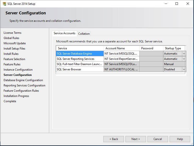 O SQL Server precisa de uma conta de usuário para iniciar o seu