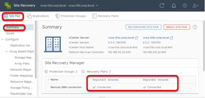 Assegurar que os sites principais e de recuperação estejam conectados O site RegionA01 é representado pelo vcenter Server vcsa-01a.corp.local.