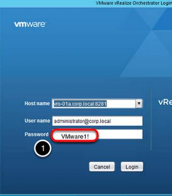 Fazer login no vsphere Orchestrator Client Depois que o vrealize Orchestrator Client for renderizado, o nome do host e o nome do usuário já estarão exibidos. 1. Digite a senha VMware1!