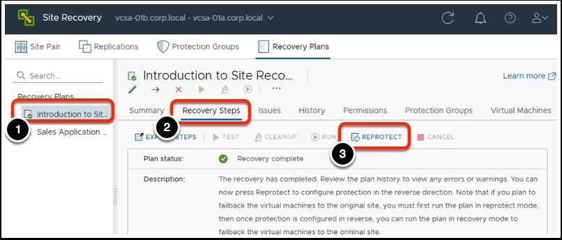 Visualização do plano de recuperação 1. Com o plano de recuperação Introduction to Site Recovery Manager selecionado, você poderá analisar os vários detalhes sobre o plano de recuperação.