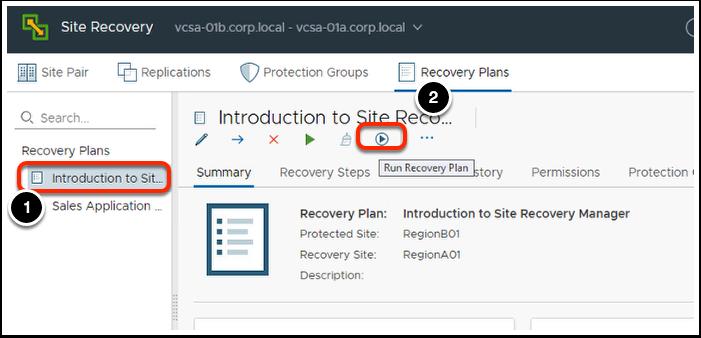 1. Verifique se o item de menu de plano de recuperação Introduction to Site Recovery Manager foi selecionado no menu à esquerda. 2.