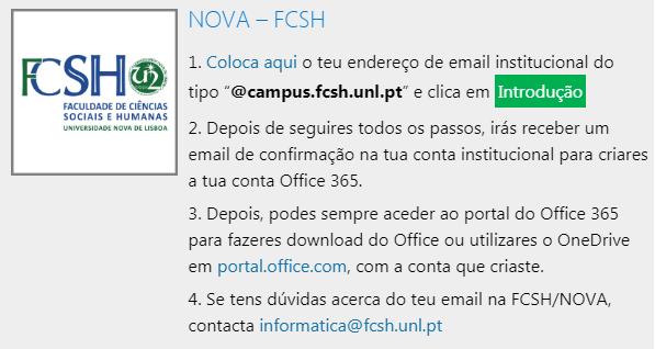 6. Office 365 Como estudante da NOVA FCSH, podes descarregar e usar gratuitamente o Office 365, para vários dispositivos com que trabalhes, como PC, Mac ou tablet.