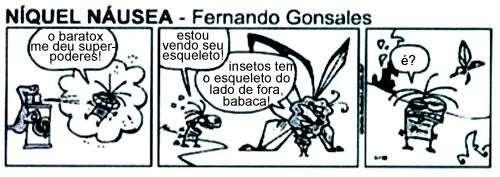 (UNIFESP) Os quadrinhos retirados da Folha de São Paulo (03.10.2000) fazem referência ao exoesqueleto.